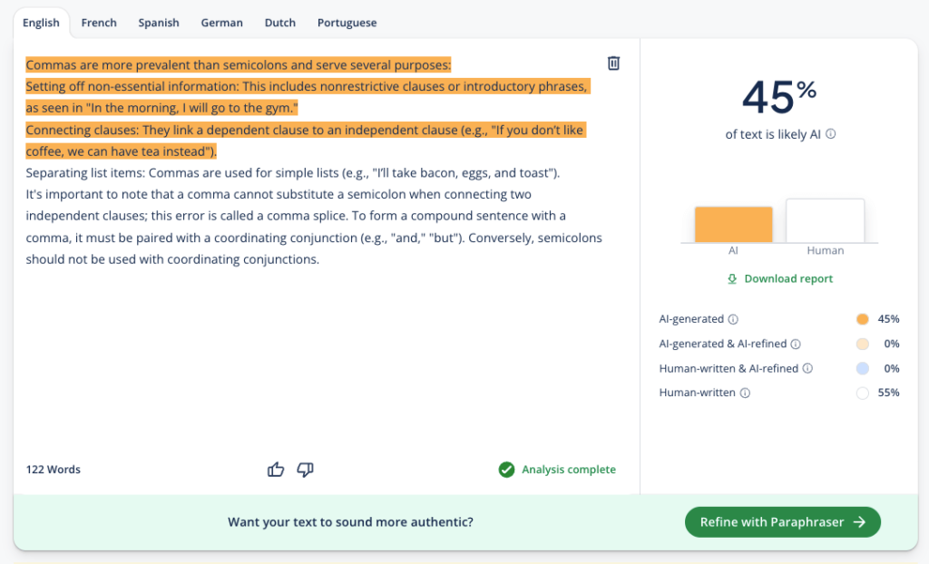 Example of Quillbot's AI Detector