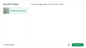 Screenshot of seven words Quillbot extracted from a photograph of a handwritten grocery list