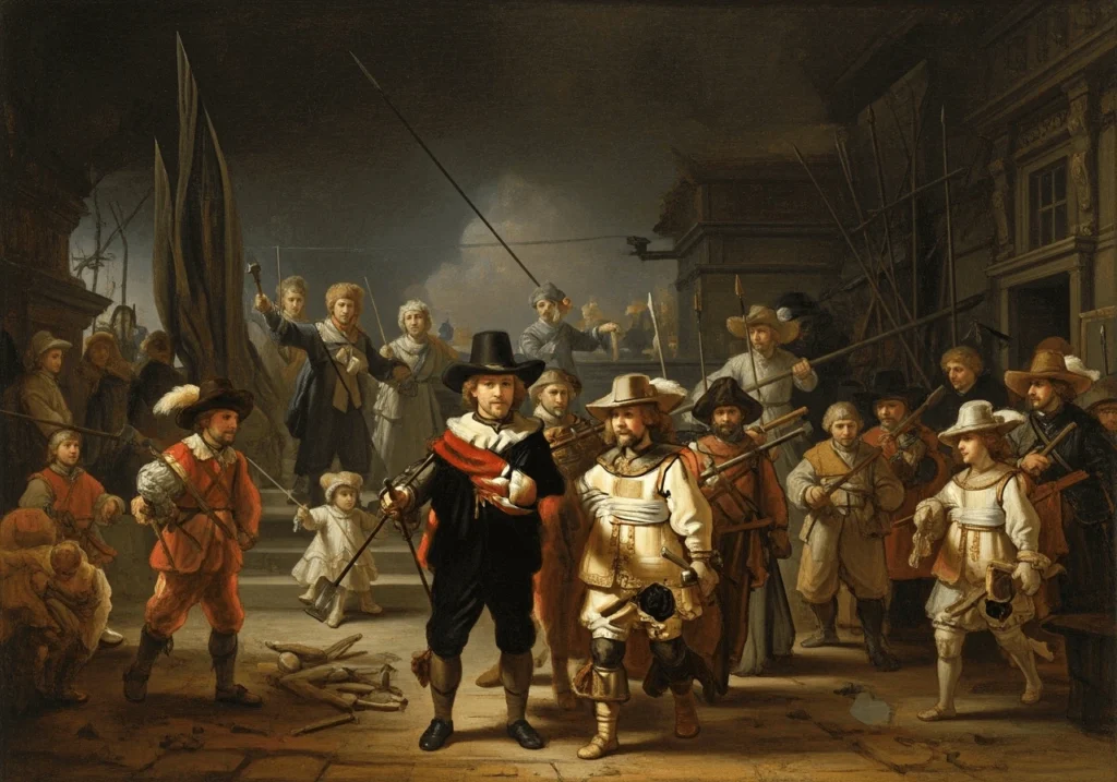 An AI-generated image of a restored The Night's Watch by Rembrandt
