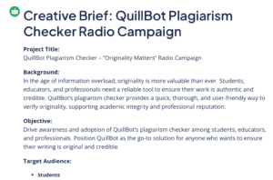 Screenshot of the output from Quillbot's creative brief generator