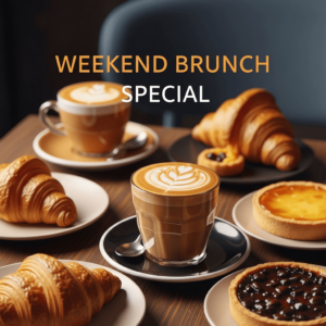 Cafe flyer showing a table with cups of coffee and pastries