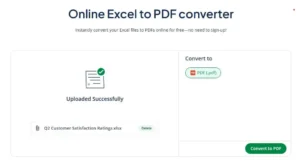 Screenshot of using Quillbot's Excel to PDF converter for a Q2 Customer Satisfaction Ratings spreadsheet