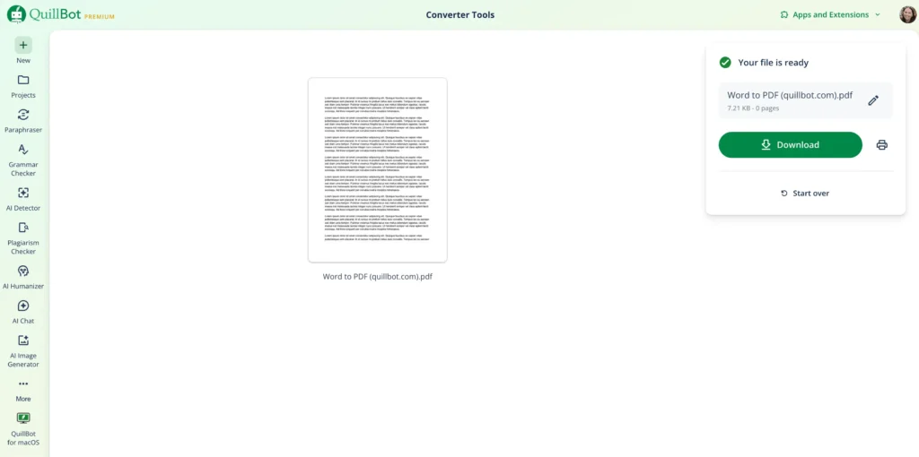A screenshot of a Word document uploaded to Quillbot's Word to PDF converter