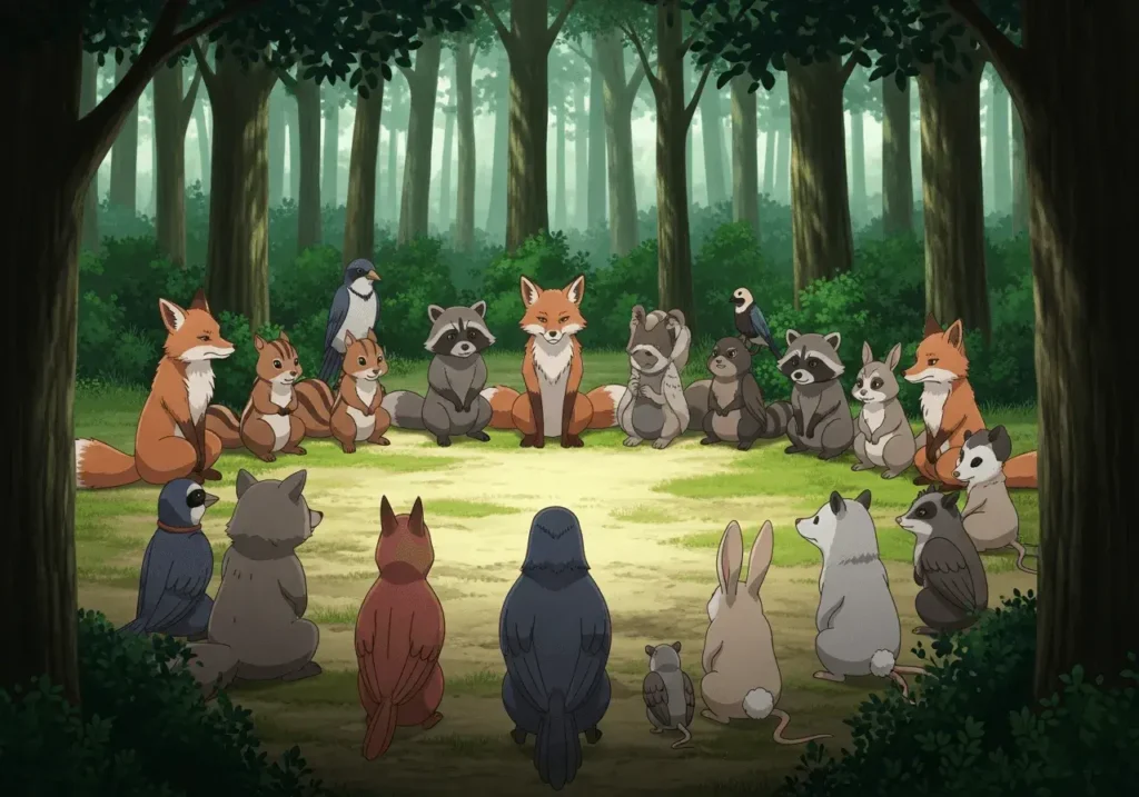 An AI-generated image of forest animals having a meeting