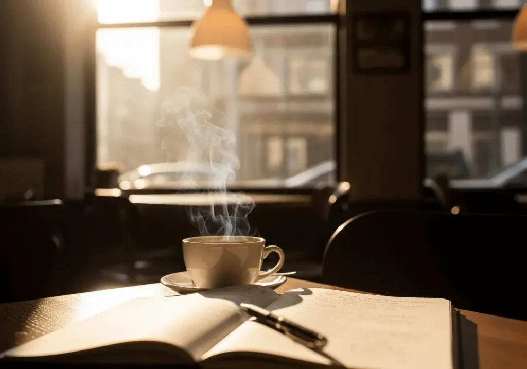 An AI-generated image of a coffee and notebook