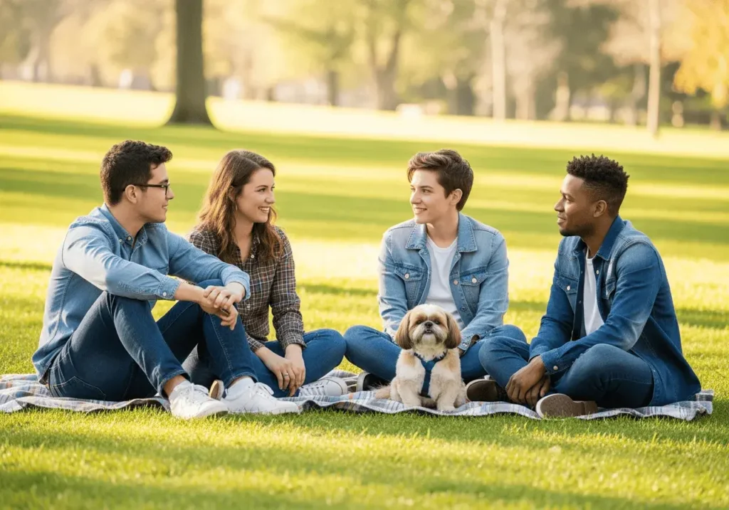 An AI-generated image of people sitting in a park