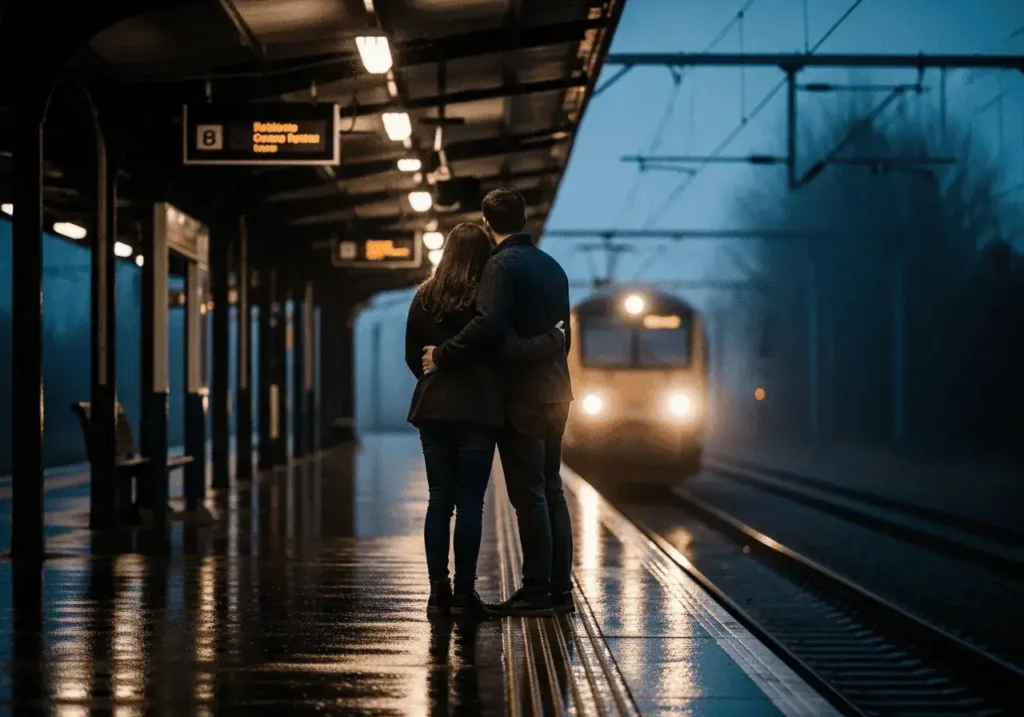 An AI-generated image of a couple waiting for a train