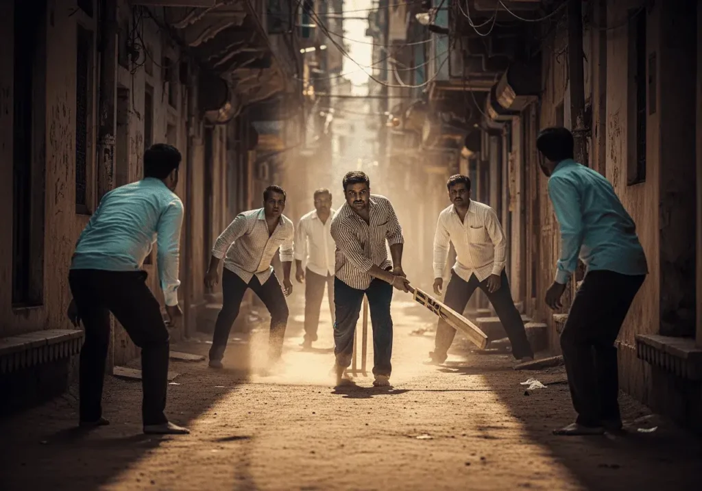An AI-generated image of men playing cricket in an alleyway