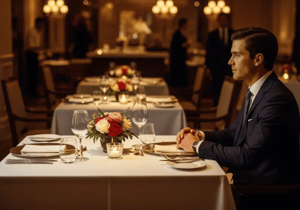 An AI-generated image of a man sitting alone at a restaurant