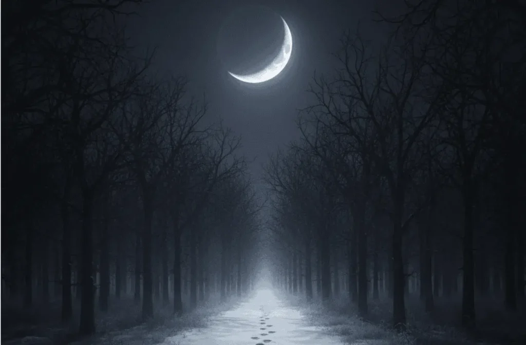 An AI-generated image of footprints in the snow under a crescent moon