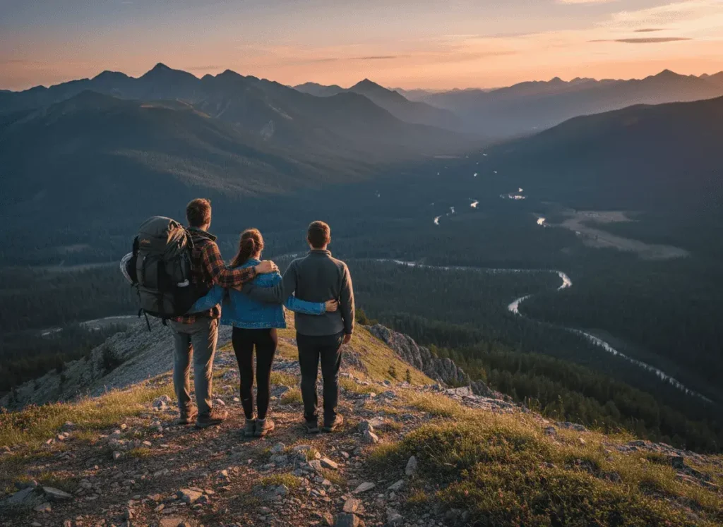 An AI-generated image of three people hiking