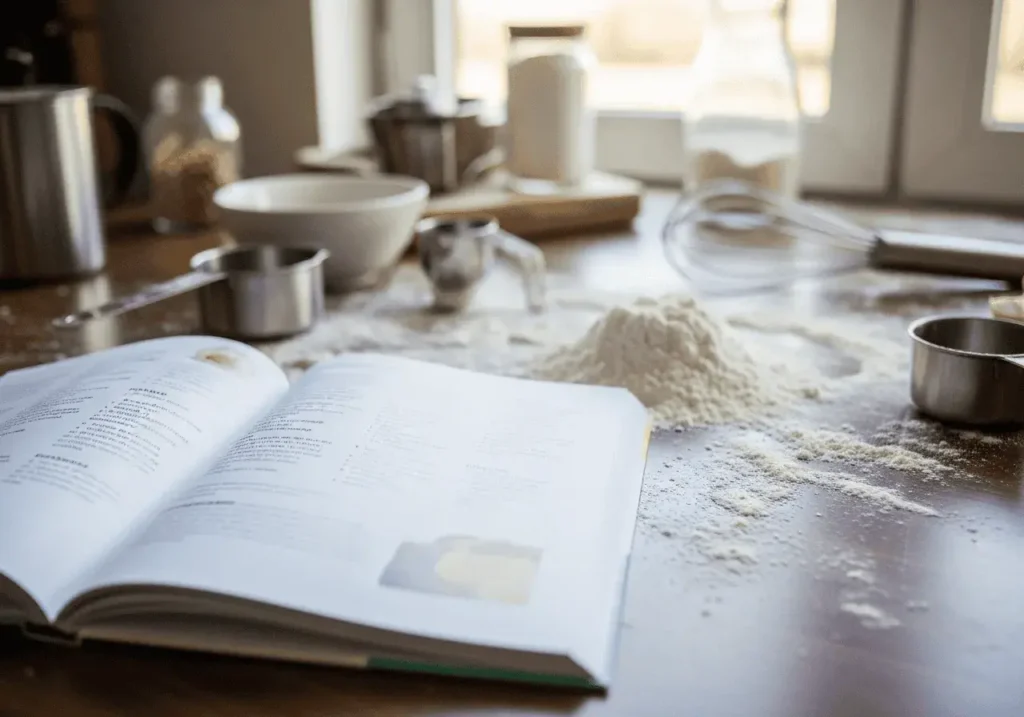 An AI-generated image of a cookbook and messy kitchen workspace