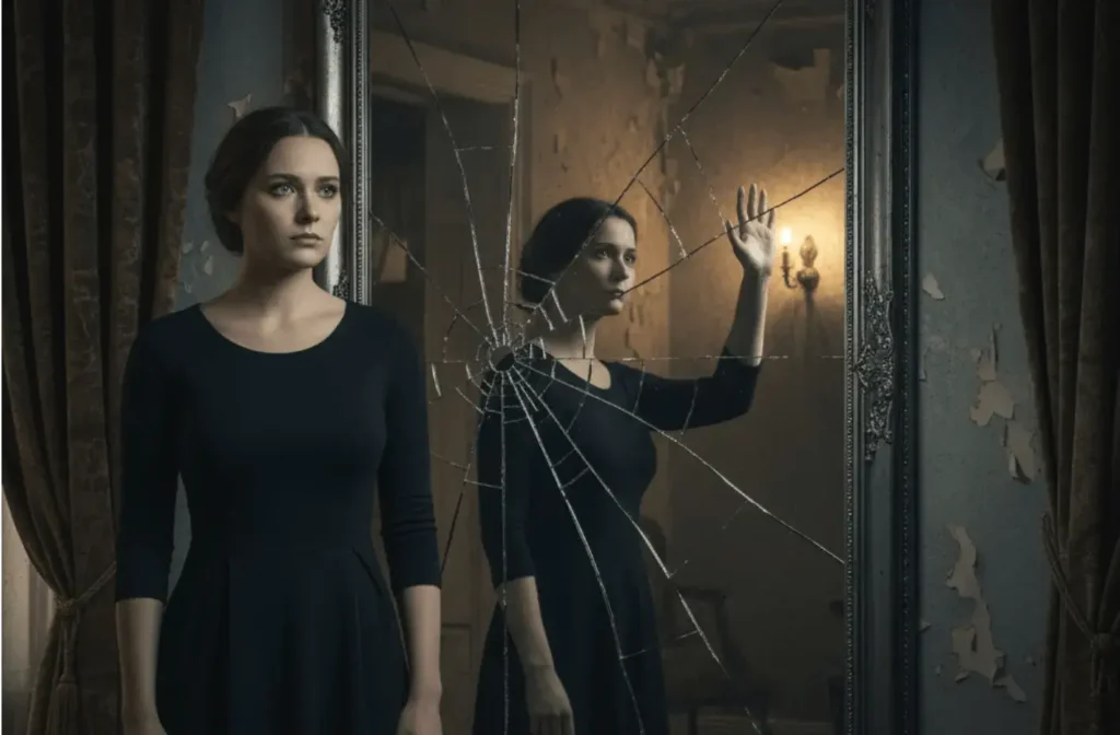 An AI-generated image of a woman whose reflection doesn't mimic her