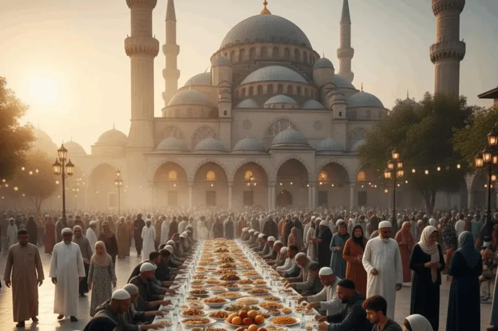 An AI-generated image of a feast outside a mosque