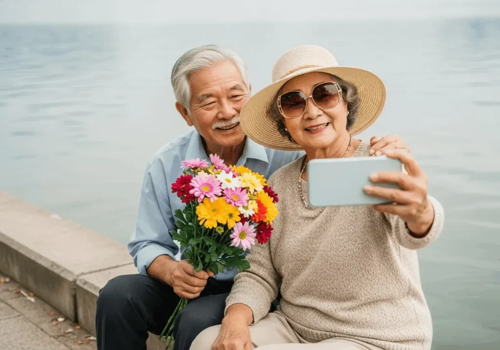 An AI-generated image of an elderly couple taking a selfie