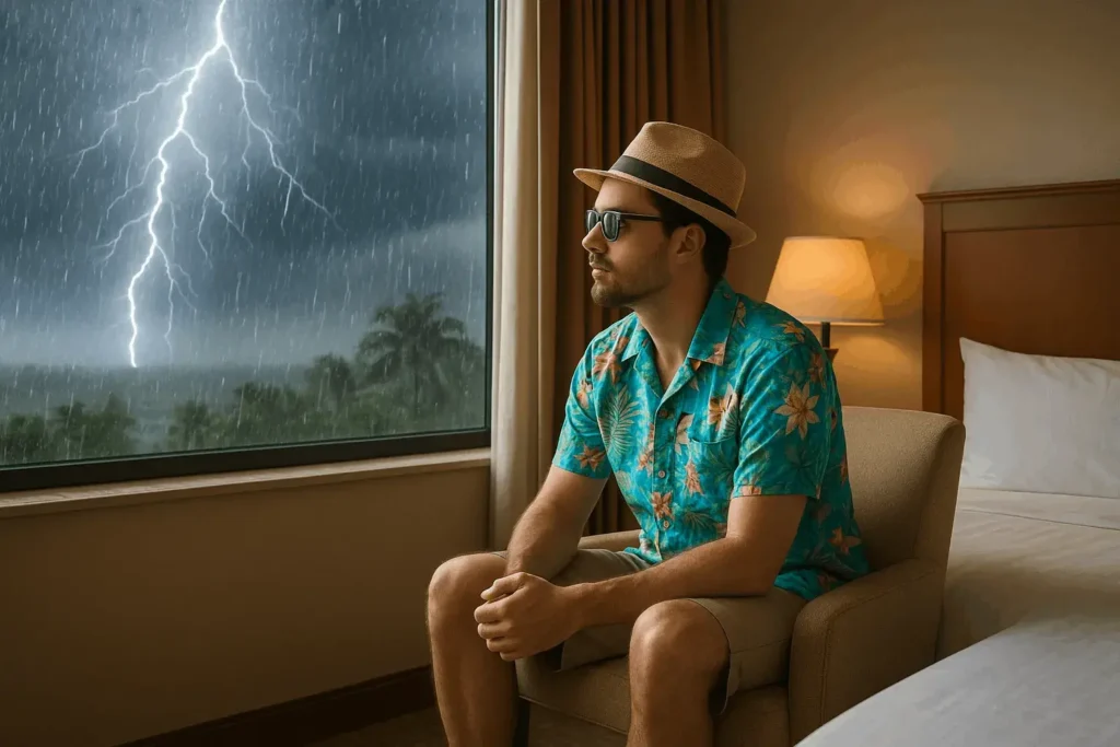 An AI-generated image of a tourist watching a thunderstorm from his hotel room