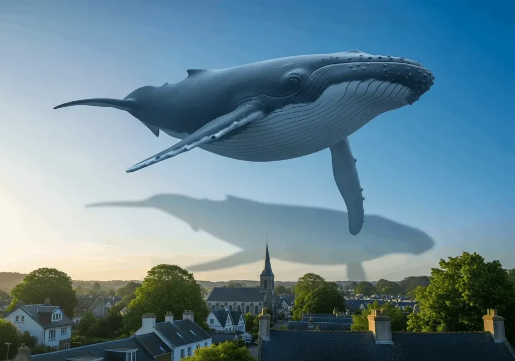 An AI-generated image of a whale floating over a town