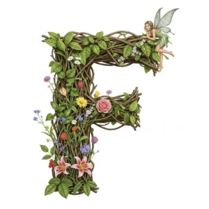 Capital F made from rustic floral vines with a fairy resting on the top right