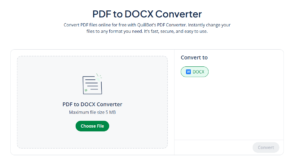 Screenshot of QuillBot’s PDF to DOCX Converter webpage showing the upload area where users can drag and drop PDF files or click to select them, with a “Convert” button on the right.