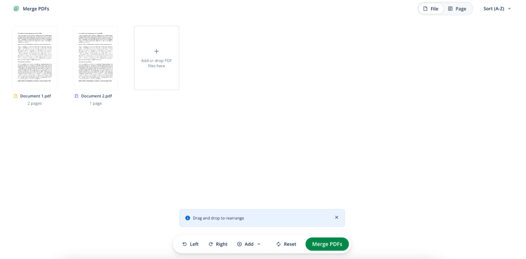 A screenshot of Quillbot's merge PDF tool showing options for arranging and editing your merged PDF