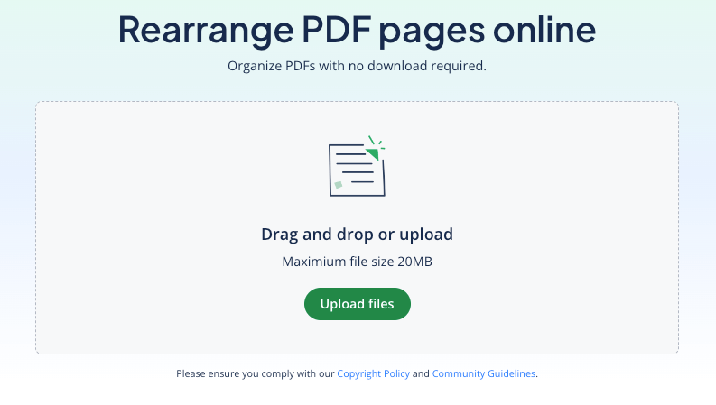 The landing page of Quillbot's Reorder PDF tool