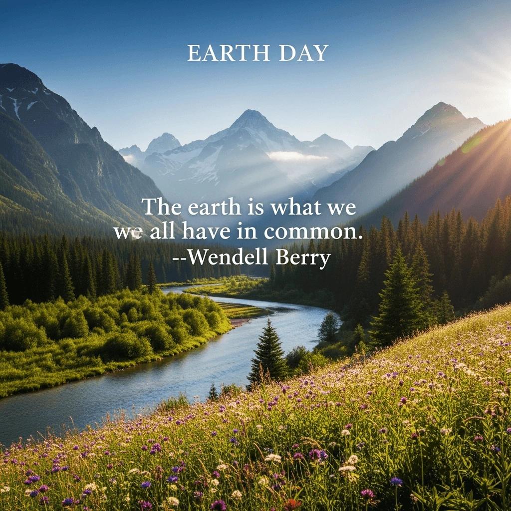 earth day quote from wendell berry against a backdrop of a river and mountains