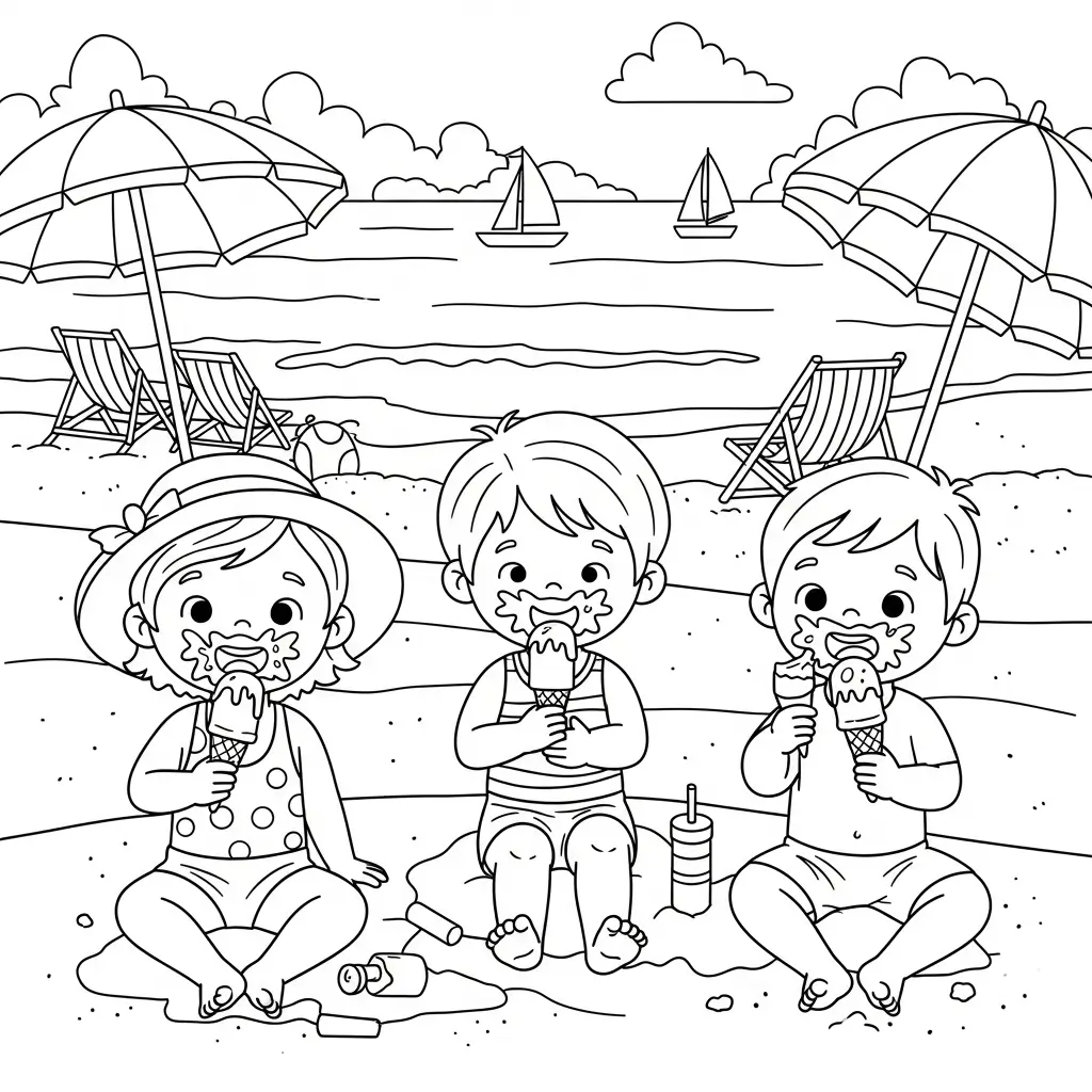 coloriage avec enfants, plage et glace