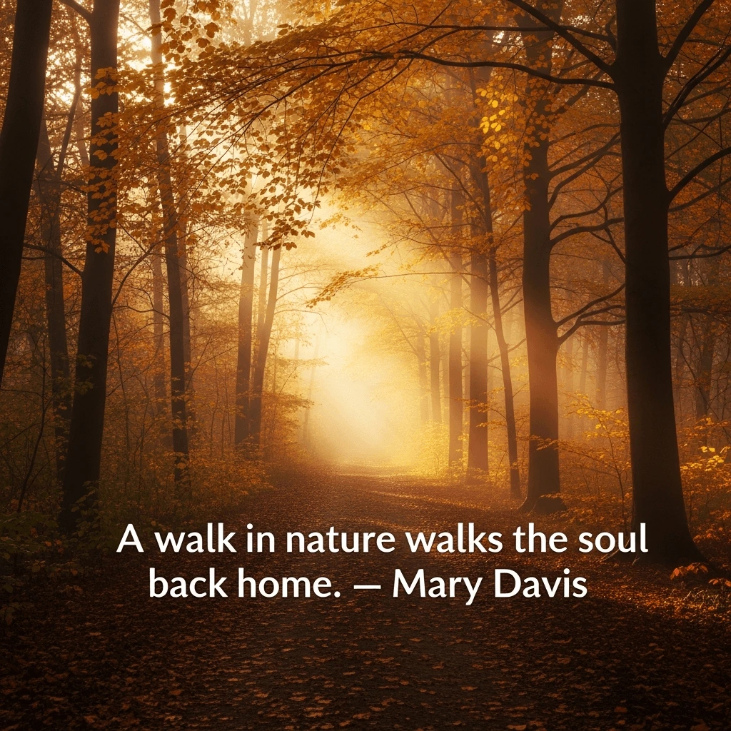 earth day quote from mary david set against a dim, golden forest with light coming through the trees