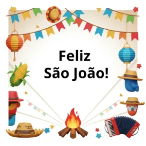 A imagem é um exemplo de pôster de São João, com elementos típicos nas laterais e, no meio, a frase: Feliz São João!
