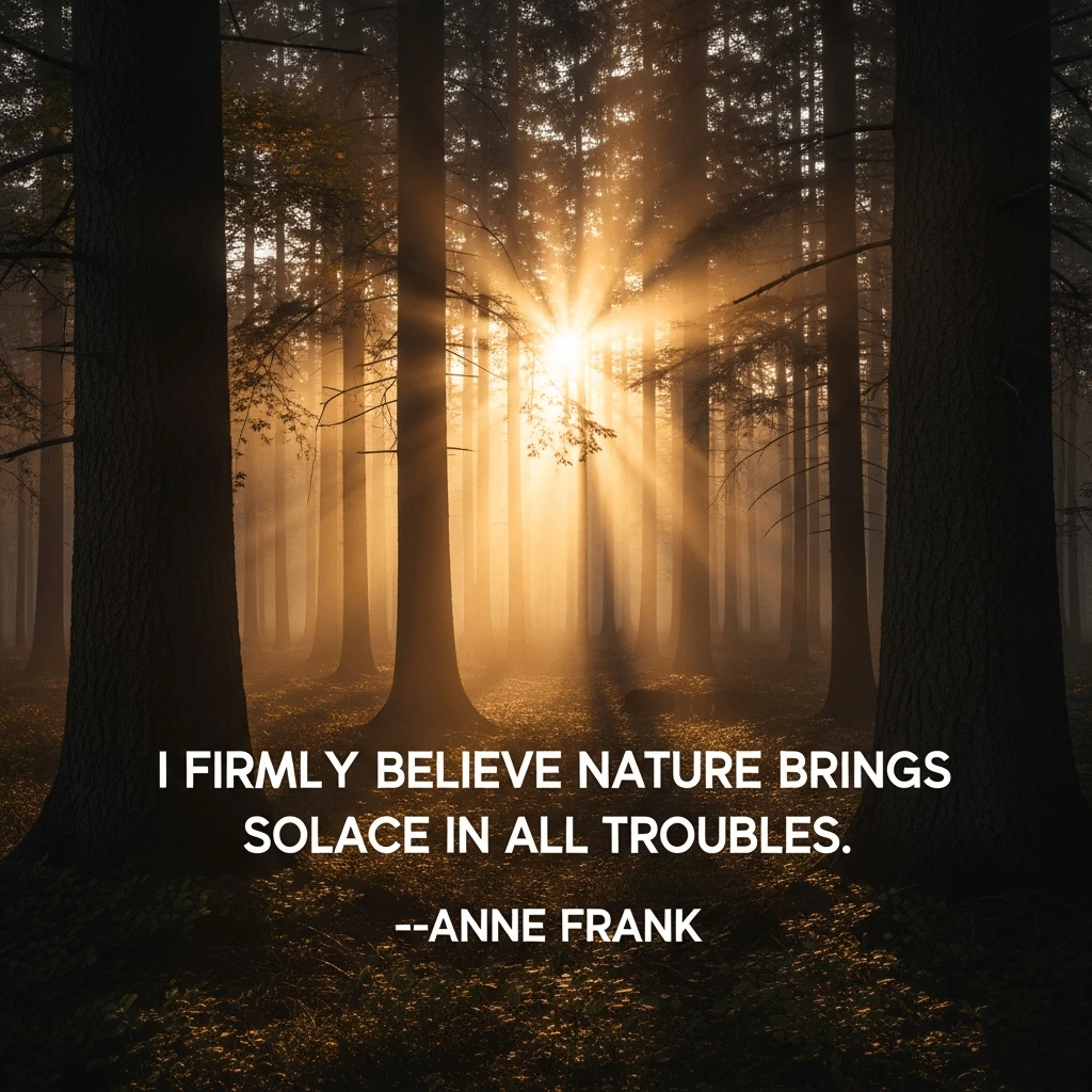 earth day quote from anne frank set against a dark forest with light coming through the trees