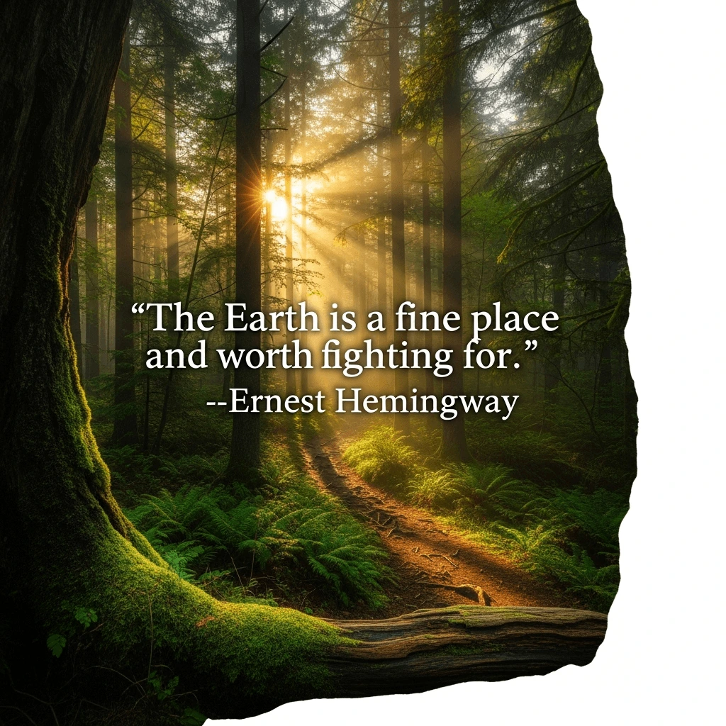 earth day quote from ernest hemingway set in a green forest with light coming through the trees