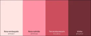 Paleta com as cores: rosa-embaçado, rosa-salmão, terracota-escuro e vinho.
