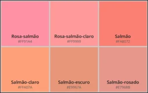 Paleta com diferentes tons de salmão: rosa-salmão, rosa-salmão-claro, salmão, salmão-claro, salmão escuro e salmão rosado.
