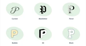 6 styles of letter P, including cursive, blackletter, floral, bubble, 3D, and block