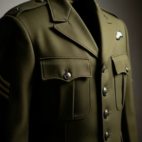 Jaqueta verde com botões dourados, semelhante a uma farda militar.
