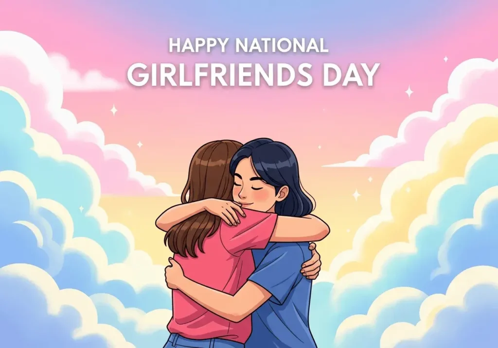 An AI-generated National Girlfriends Day showing two friends hugging