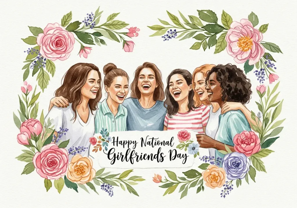 An AI-generated National Girlfriends Day image showing five friends surrounded by flowers