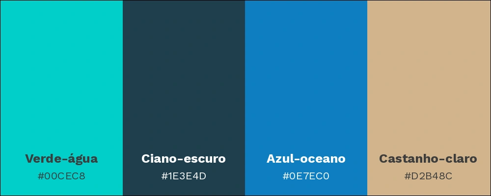 Paleta com as cores verde-água, ciano-escuro, azul-oceano e castanho-claro.