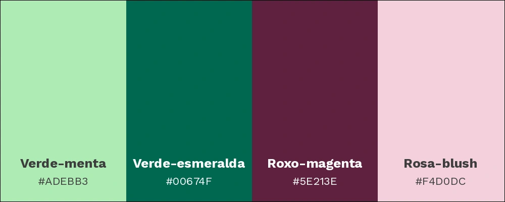 Paleta nas cores verde-menta, verde-esmeralda, roxo-magenta e rosa-blush.