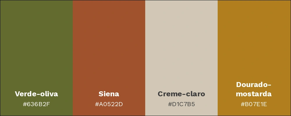 Paleta com as cores verde-oliva, siena, creme-claro e dourado-mostarda.