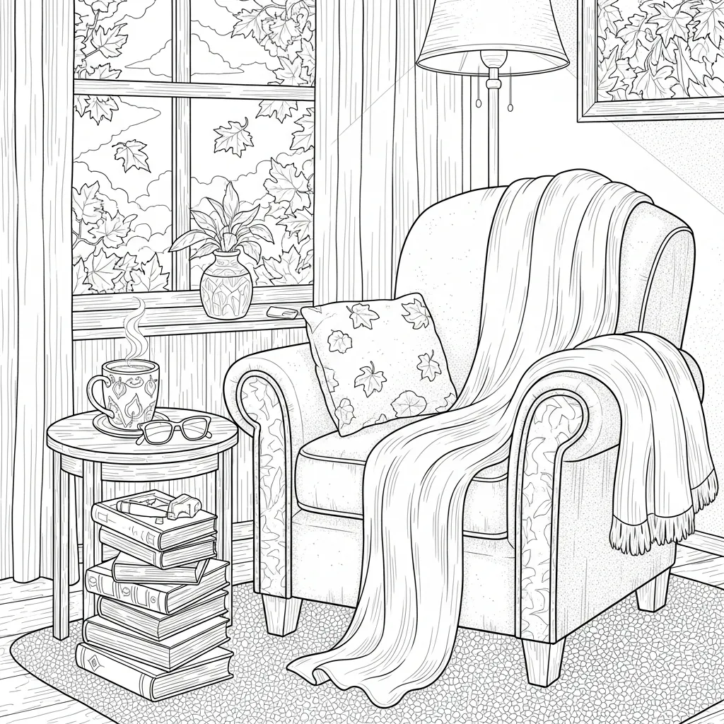 adult coloring page of a cozy reading nook