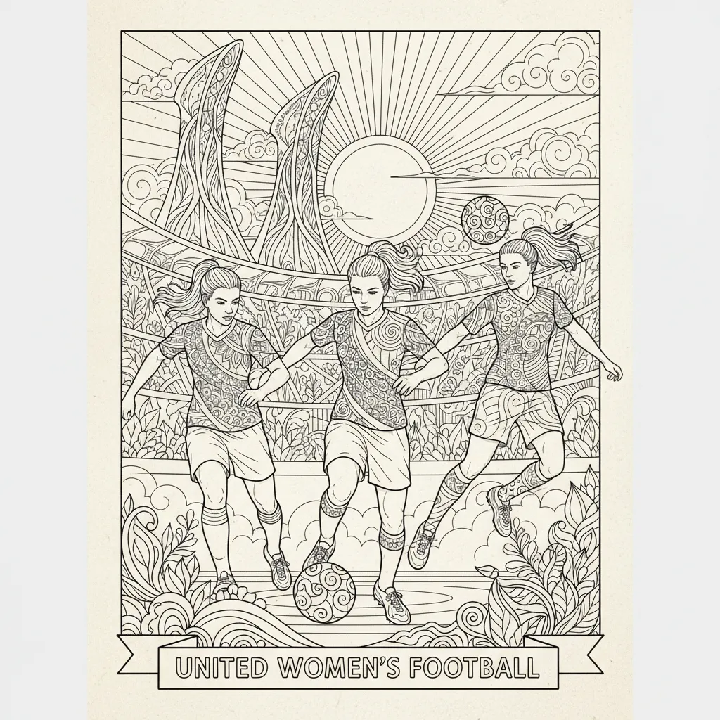 women's soccer coloring page for adults with intricate patterns