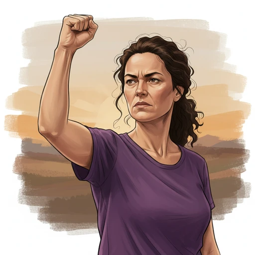 Ilustração de uma mulher de pele branca com os cabelos castanhos presos, vestindo uma camiseta roxa, com o punho erguido em sinal de luta.