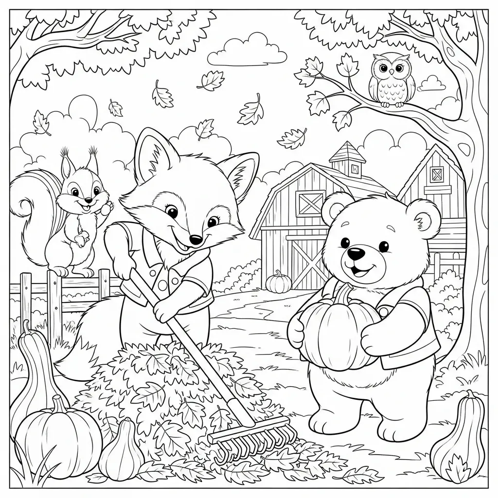 coloring page of a cute animal farm showing cartoon animals raking leaves in fall