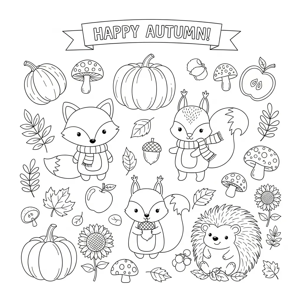 cute coloring page for happy autumn of woodland creatures pumpkins and apples