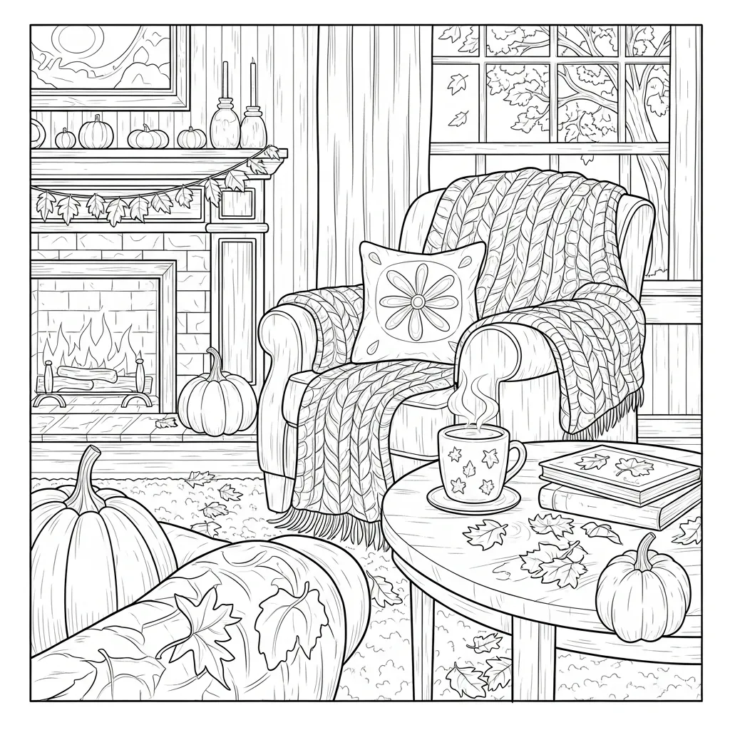 cute coloring page of a cozy reading nook