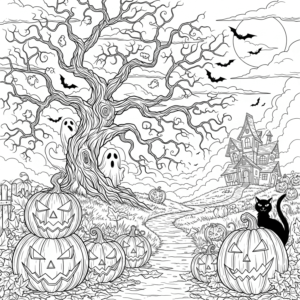 cute fall coloring page of squirrels with acorns and cartoon pumpkins