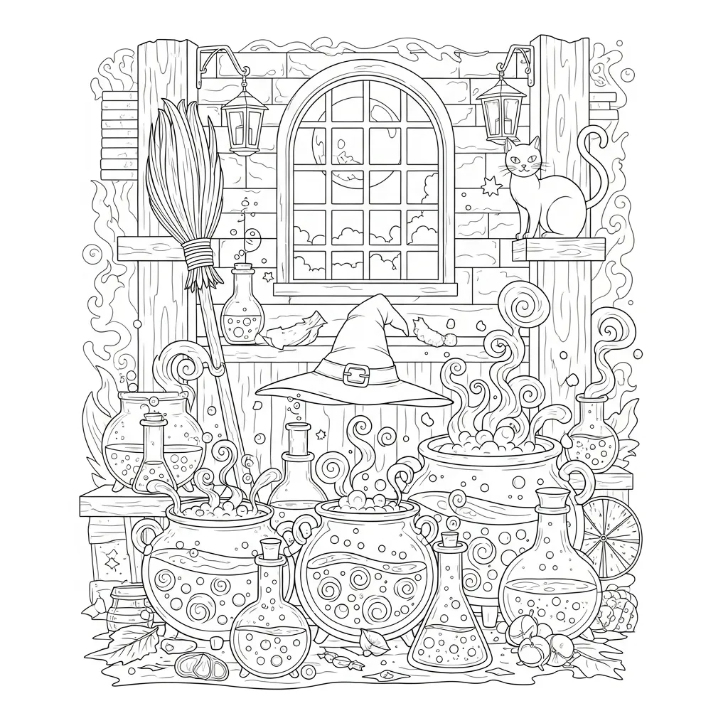 halloween coloring page of a witch's potion lab