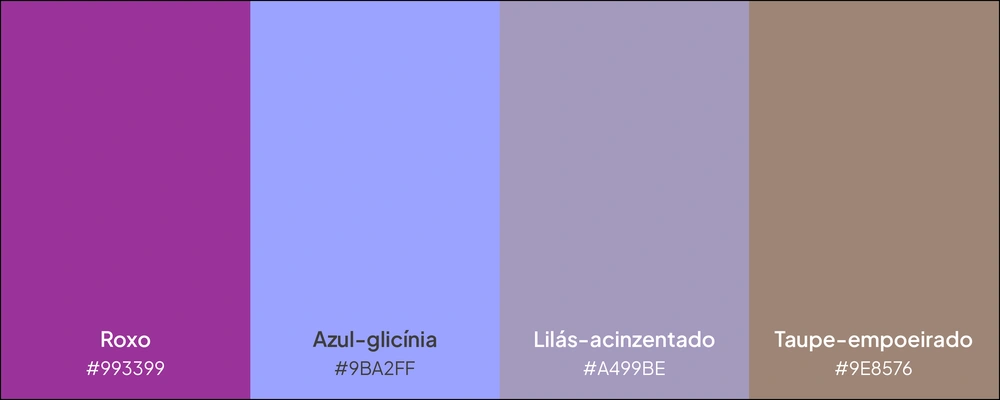 Paleta com quatro cores: roxo, azul-glicínia, lilás-acinzentado e taupe-empoeirado.