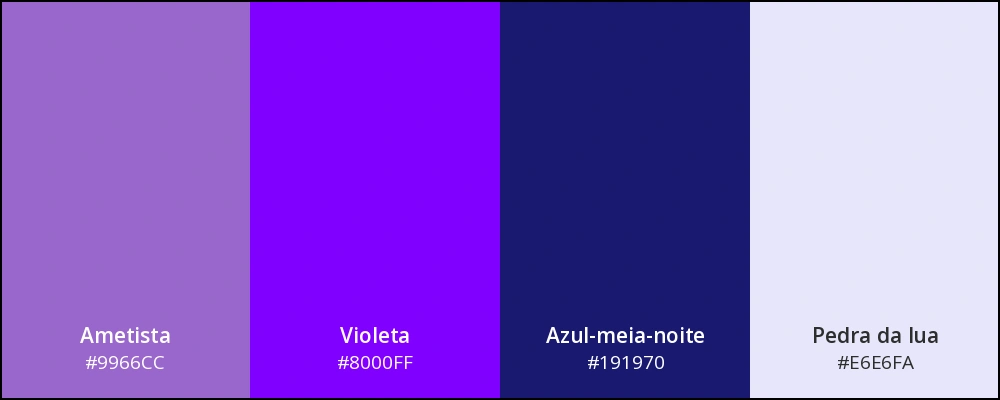 Paleta com quatro cores: ametista, violeta, azul-meia-noite e pedra da lua.